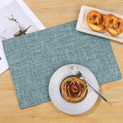 SHACOS Washable Fabric Placemats Set of 4 Heat Resistant Double Layer Cloth Table Mats Non Slip Farmhouse Place Mats, Blue Grey