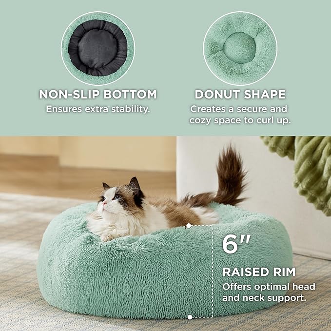 Bedsure Calming Cat Beds for Indoor Cats - Small Cat Bed Washable 20 inches, Anti-Slip Round Fluffy Plush Faux Fur Pet Bed, Fits up to 15 lbs Pets, Garden Green