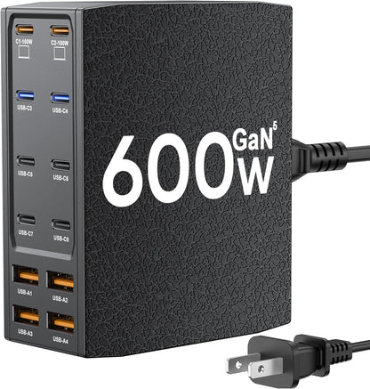 USB Charging Station (600W),12-Port USB C Charger Block with Dual 100W PD USB-C Fast Charging Station Hub for MacBook Pro/Air/All iPad Phone 17/16 15/14/13/Pro Max/Samsung Galaxy Note (Black)