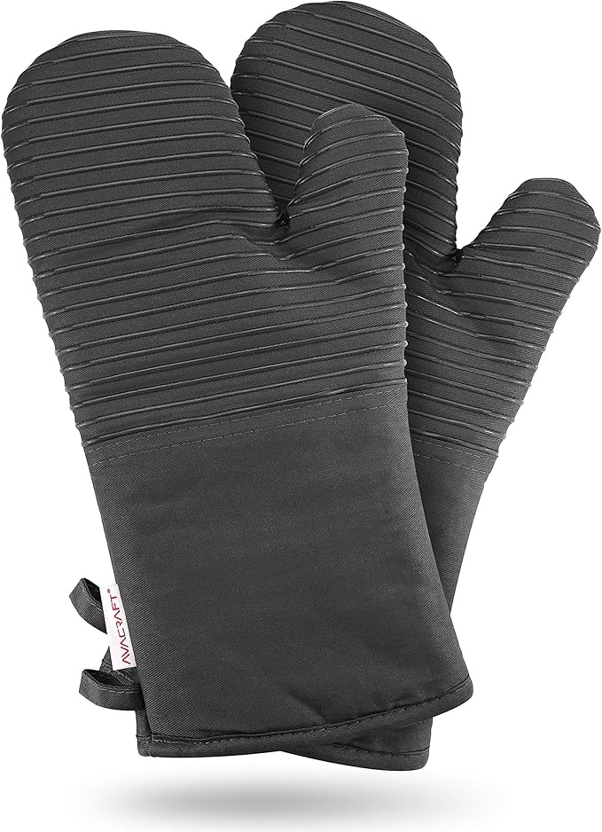 AVACRAFT Oven Mitts Pair, Flexible, 100% Cotton with Unique Heat Resistant Food Grade Silicone, Thick Terry Cloth Interior, 500 F Heat Resistant (Grey Oven Mitts)