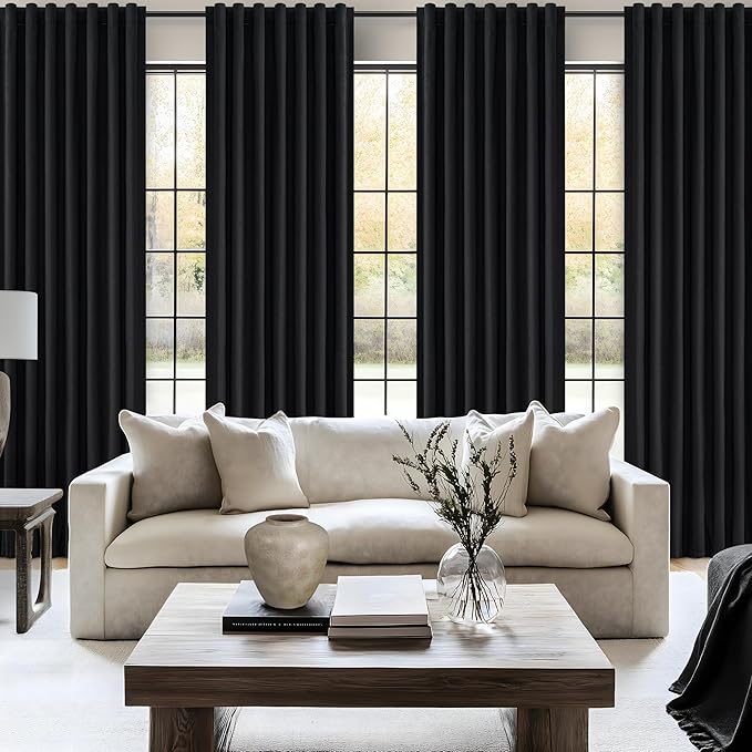 Black Blackout Curtains 92 Inches Long 2 Panel Set, Sun Blocking Curtain