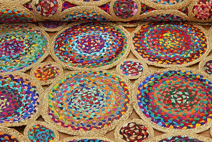 Scalloped Edge Rug, Hand Woven Natural Chindi Cotton and Jute Area Rug, 6x8 Ft Beige & Multicolor Braided Kilim Rugs for Living Room, Kitchen, Entryway, Farmhouse