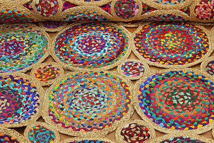 Scalloped Edge Rug, Hand Woven Natural Chindi Cotton and Jute Area Rug, 6x8 Ft Beige & Multicolor Braided Kilim Rugs for Living Room, Kitchen, Entryway, Farmhouse