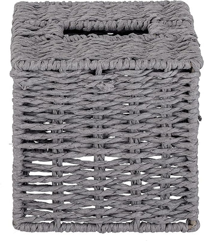 MyGift Gray Tissue Box Cover Square with Lid - Decorative Rattan Kleenex Holder, Woven Cube Tissue Holder for Bathroom Toilet Bedroom Living Room Kitchen Table Desk Office Car