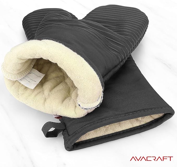 AVACRAFT Oven Mitts Pair, Flexible, 100% Cotton with Unique Heat Resistant Food Grade Silicone, Thick Terry Cloth Interior, 500 F Heat Resistant (Grey Oven Mitts)