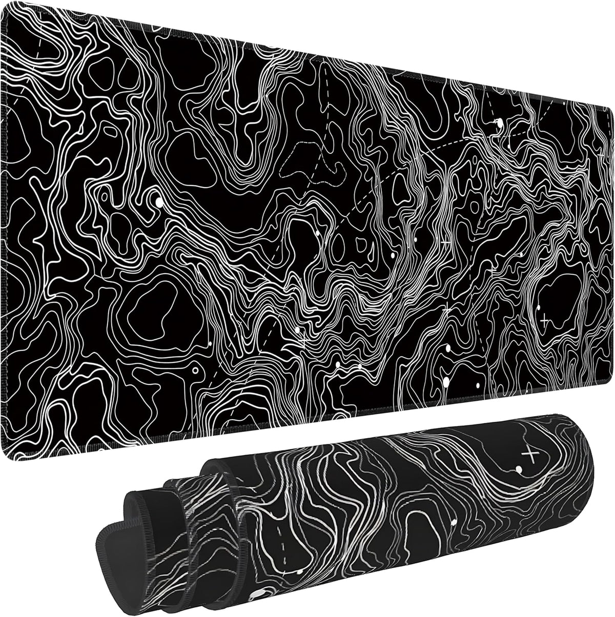 Black with White Topographic Line Large Mouse Pad,Gaming Keyboard Desk Pad,Extended Mouse Mat Non-Slip Rubber Base with Stitched Edges for Office Game Home XL 31.5"x11.8"