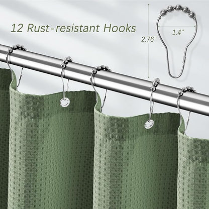 PANGSINNE Sage Green Shower Curtain for Bathroom Waffle Textured Heavy Duty 80 Inch Shower Curtain Set for Bathroom, Water Repellent 256GSM Neutral Fabric Shower Curtains with 12 Metal Hooks, 72Wx80H