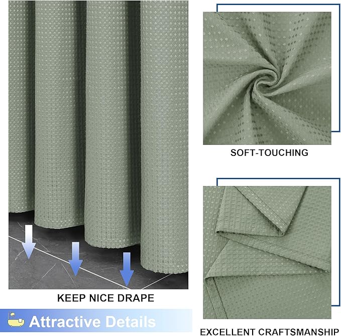 OVZME Long Fabric Shower Curtain Set, Waffle Textured Shower Curtain for Bathroom - Weight 230GSM Heavy Duty Hotel Spa Luxury Bath Curtain Set with 12 Plastic Hooks, 72x78, Sage Green