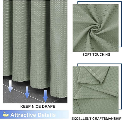 OVZME Long Fabric Shower Curtain Set, Waffle Textured Shower Curtain for Bathroom - Weight 230GSM Heavy Duty Hotel Spa Luxury Bath Curtain Set with 12 Plastic Hooks, 72x78, Sage Green