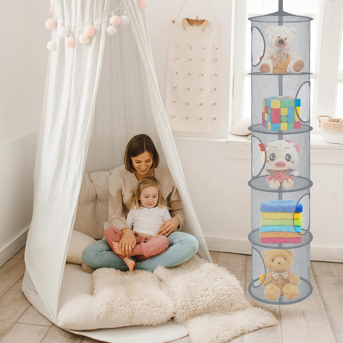 Libeder Mesh Hanging Storage Space Saver Bags Organizer,Foldable Storage Organizer 5 Compartments Toy Storage Basket for Kids Room Bathroom 2 Sets Grey