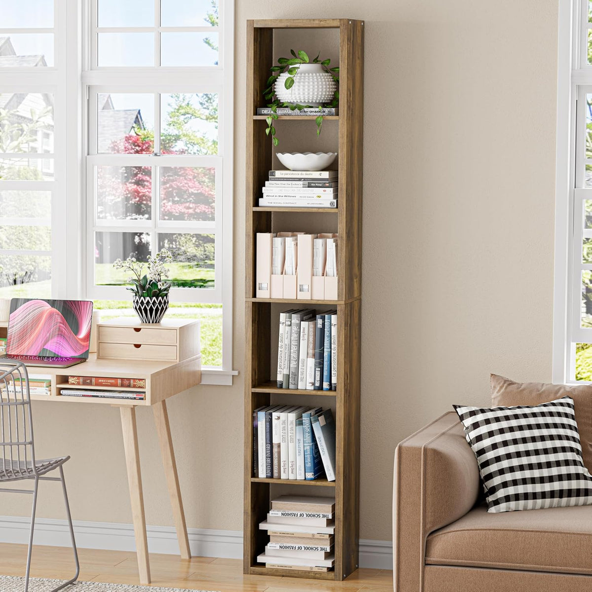 Tall Cube Storage Organizer Bookcase, 6 Tier 11 inch Open Back Cubical Shelf with Thickened Border, Display Bookshelf for Living Room, Home Office, Sturdy Room (Brown, 6 Cube,Vertical)