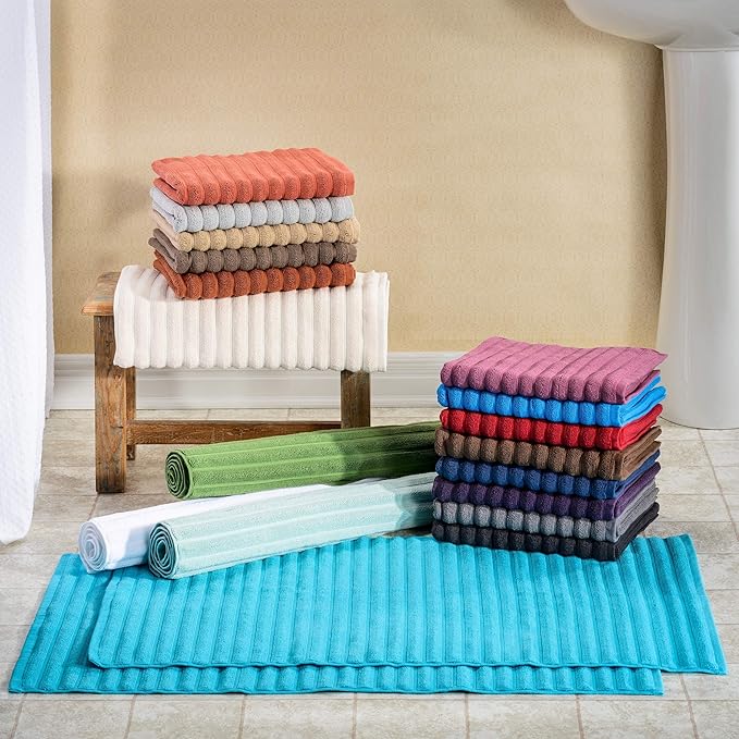 Superior Striped Bath Mat 2-Pack, 100% Combed Cotton, Luxury Spa Ribbed Texture, Durable and Washable Bathroom Mats - Rosewood, 22" x 35" each