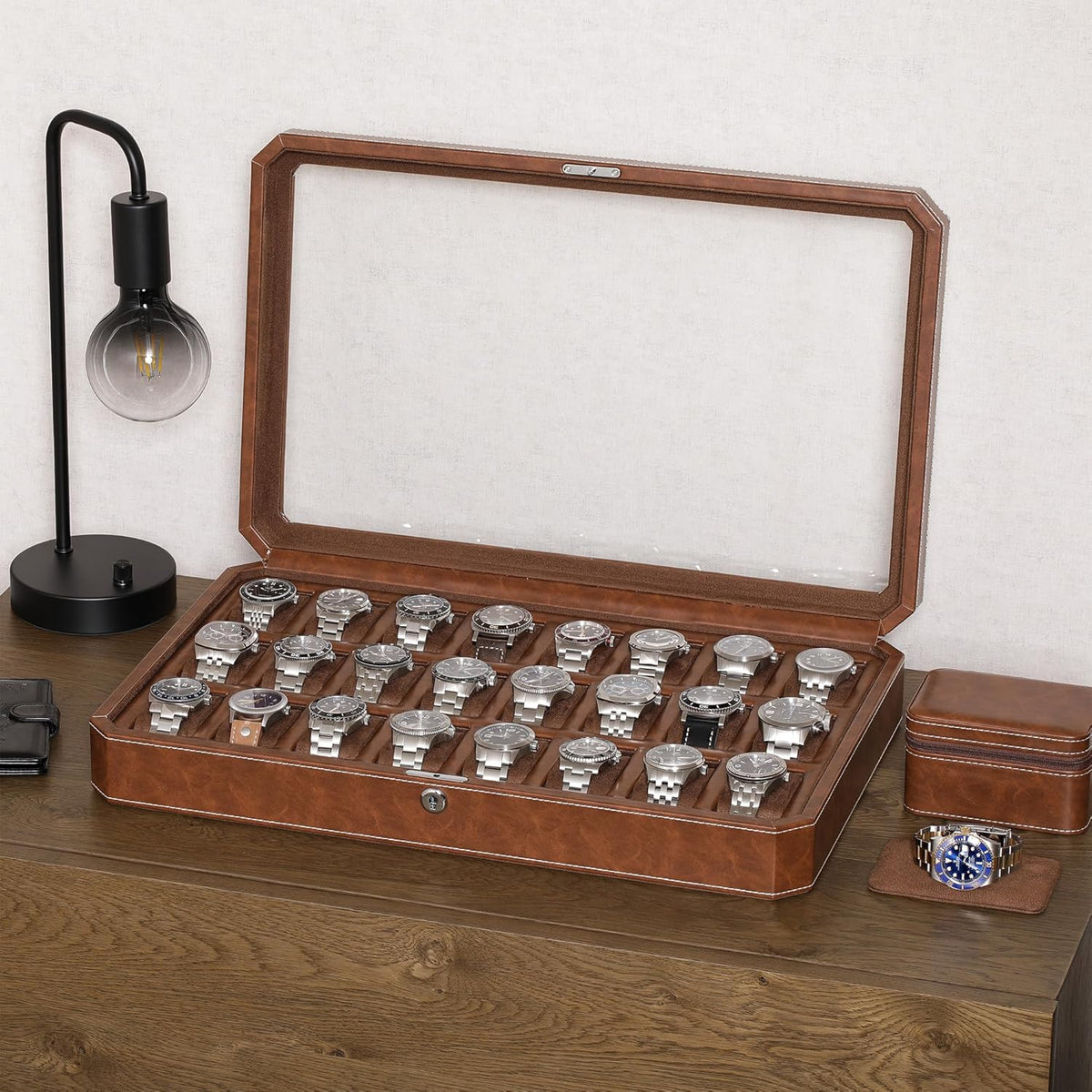 ROTHWELL 24 Slot Watch Case with Lock – Luxury Watch Box to Display and Organize Your Collection | Real Glass Top | Premium Storage for Collectors (Tan/Brown)