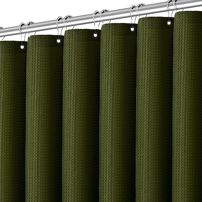 PANGSINNE Long Waffle Army Green Shower Curtain, Heavy Duty Fabric Shower Curtain with Waffle Weave Hotel Quality Bathroom Shower Curtains, 72 x 78 Inches