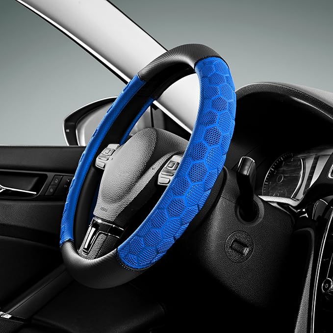 PIC AUTO Massage Steering Wheel Cover, Blue Football Pattern Material Spliced Leather Car Steering Wheel Protector, Car Interior Accessories, Universal Fit 14.5"-15.5" for Cars, Trucks, Van, SUV