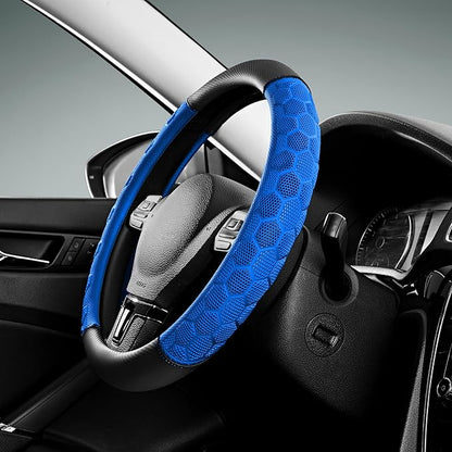 PIC AUTO Massage Steering Wheel Cover, Blue Football Pattern Material Spliced Leather Car Steering Wheel Protector, Car Interior Accessories, Universal Fit 14.5"-15.5" for Cars, Trucks, Van, SUV