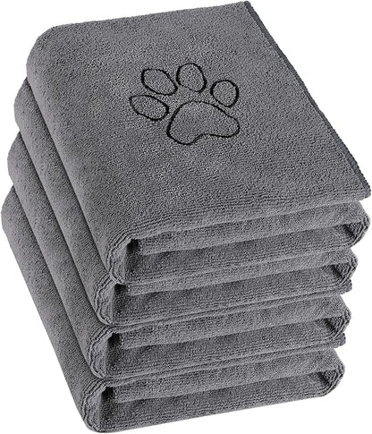 Chumia 4 Pack Dog Towels for Drying Large Microfiber Grooming Tools Absorbent Soft Bath Supplies with Embroidered Paw for Small Medium Pet Products(16 x 32 Inch,Gray)