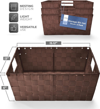 Sorbus Set of 3 Large Woven Storage Baskets – Mesh Hand-Woven Baskets for Organizing, Fabric Storage Bins for Linen Closet Organizer, Storage Baskets for Shelves and Home Organization (Chocolate)