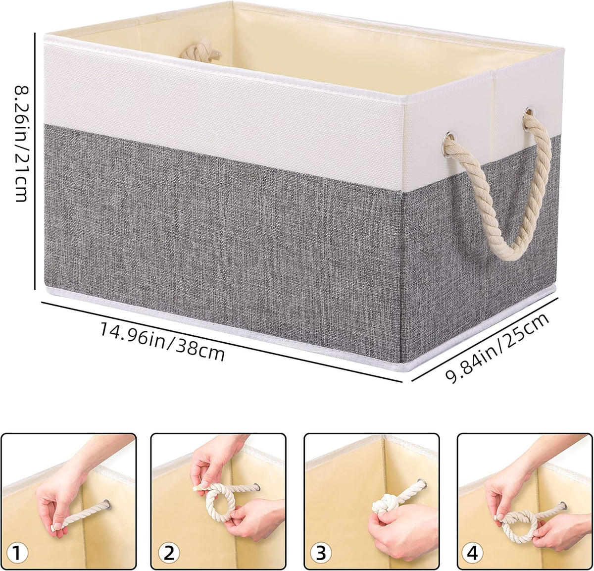 Yawinhe Foldable Storage Baskets for Shelves, Fabric Storage Cubes with Rope Handle, Closet Organizers for Clothes, 3-Pack, 14.96''Lx9.84''Wx8.26''H, White/Grey