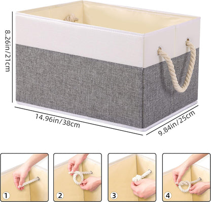 Yawinhe Foldable Storage Baskets for Shelves, Fabric Storage Cubes with Rope Handle, Closet Organizers for Clothes, 3-Pack, 14.96''Lx9.84''Wx8.26''H, White/Grey
