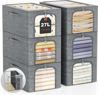 GoMaihe Clothes Storage Bins Metal Frame: 6-Pack Compact Stackable Closet Storage Bin with Lid & Clear Window, Space Saving Organizer for Sweaters Kids Clothing (Dorm/Closet 27L)