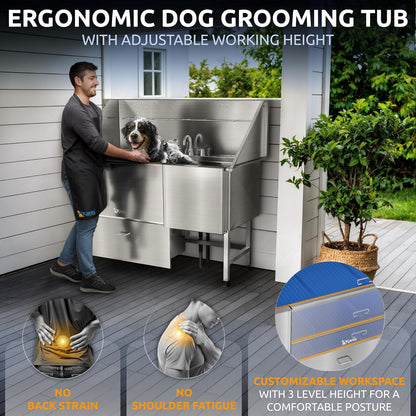 KANIS Professional Dog Washing Station - 304 Stainless Steel Pet Wash Sink & Grooming Bathtub w/Shower, Floor Grates and Storage for Large, Medium & Small Pets (61", 1 Drawer - Right Ramp)