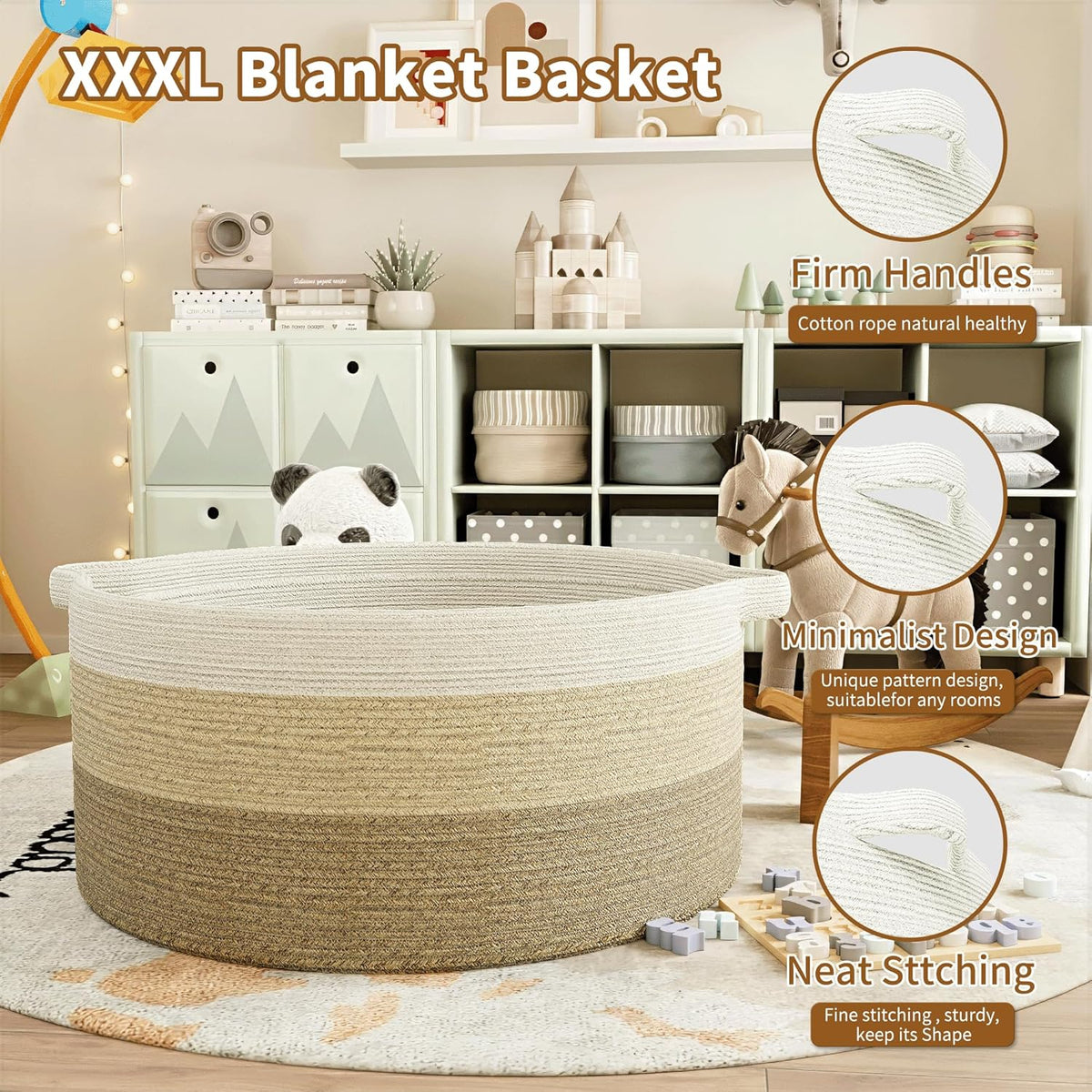 125L Extra Large Blanket Basket, 25" x 16", Jumbo Laundry Woven Cotton Rope Basket with Handles, Baby Toy Storage, Gradual Brown
