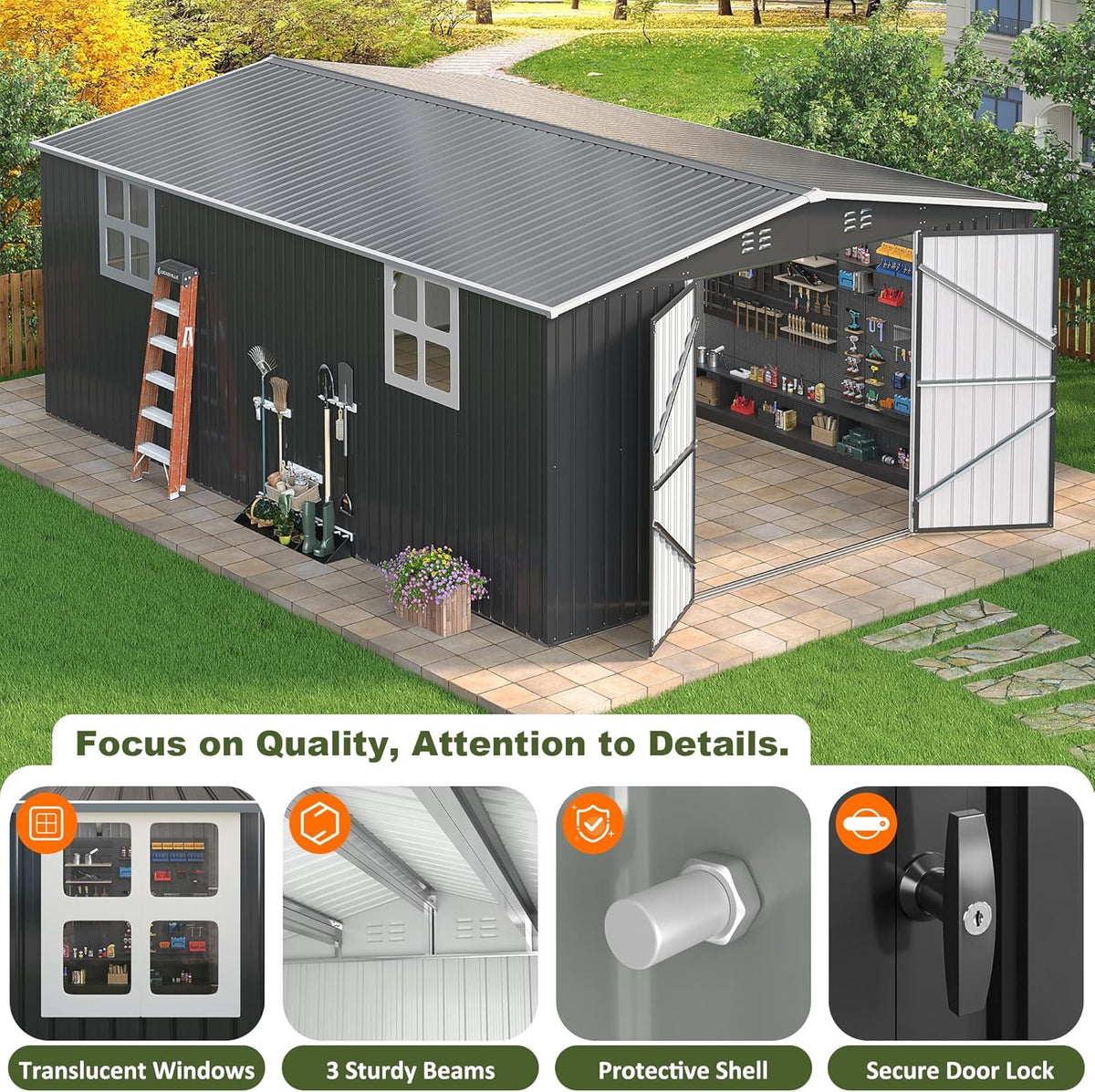 12x18 FT Outdoor Storage Shed, Garden Shed with Updated Frame Structure and Lockable Doors, Metal Tool Sheds for Backyard Garden Patio Lawn,Black