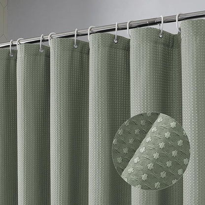 OVZME Long Fabric Shower Curtain Set, Waffle Textured Shower Curtain for Bathroom - Weight 230GSM Heavy Duty Hotel Spa Luxury Bath Curtain Set with 12 Plastic Hooks, 72x78, Sage Green