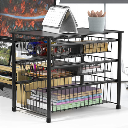 Simple Houseware 3-Tier Stackable Sliding Basket Storage Organizer Drawer for Bathroom and Kitchen, Black