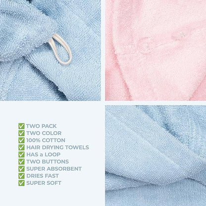 American Soft Linen 100% Cotton Hair Towels for Women, Head Towel Cap, Cotton Hair Turban Towel Wrap for Long Curly Anti Frizz Hair, Soft and Absorbent Cotton Hair Towels 2 Pack, Sky Blue-Pink