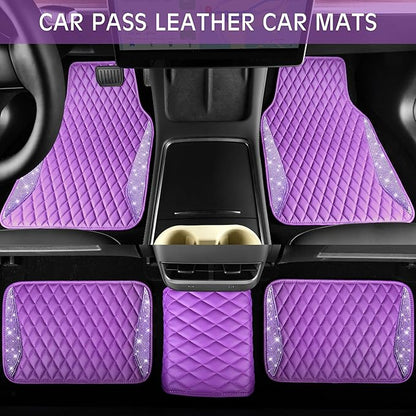 CAR PASS Bling Leather Car Mats Shining Diamond Floor Mats Crystal Rhinestone Sparkly Glitter Carpet Anti-Slip Waterproof Pad Universal Fit for Automotive SUV, Sedan, Van, 5pcs Girl Women, Purple