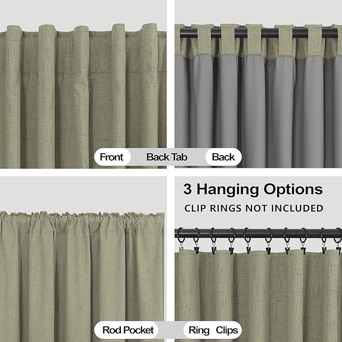 KOUFALL 52x72 Inches Long Sage Green Back Tab Linen Blackout Curtains