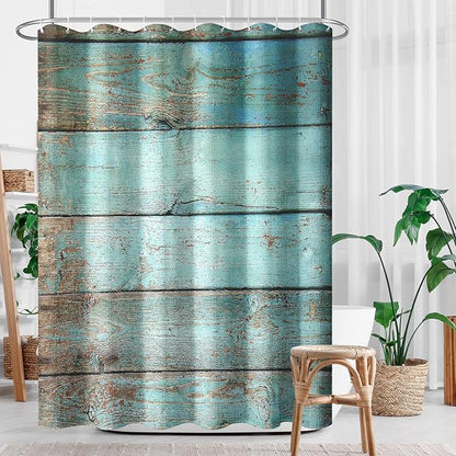 Culudea Turquoise Wooden Shower Curtain Set, Teal Green Blue Bathroom Window Waterproof Shower Curtain Set for Bathroom Decor