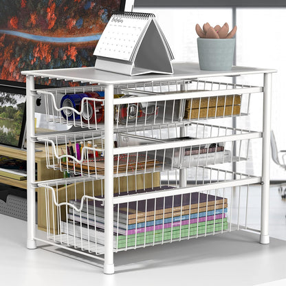 Simple Houseware 3-Tier Stackable Sliding Basket Storage Organizer Drawer for Bathroom and Kitchen, White
