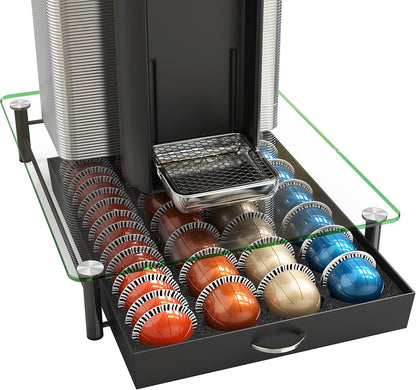 DecoBrothers Crystal Tempered Glass Vertuo Pod Holder Drawer, 28 Large or 56 Small Nespresso Capsule Organizer, Black