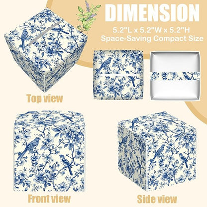 BLYKVGHQ Bird on Blooming Branches Tissue Box Cover Square, Blue Flower Tissue Box Holder with Bottom Belt Leather Facial Paper Organizer Dispenser for Bathroom Bedroom Dresser Night Stand Tabletop