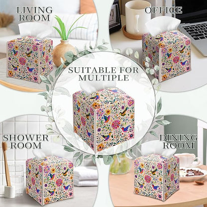 Floral Bird Tissue Box Holder, Scandinavian Leather Tissue Box Cover Square with Bottom Belt, Paper Napkins Everyday Dispenser for Bathroom Night Stands Kitchen Office Car Home Decor