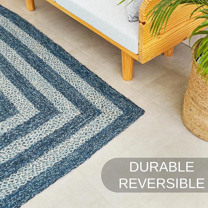 Traditional Jute Braided Runner Rug, Rustic Primitive Country Décor for Kitchen, Entryway, Hallway, Denim Blue, 2'6"X8'