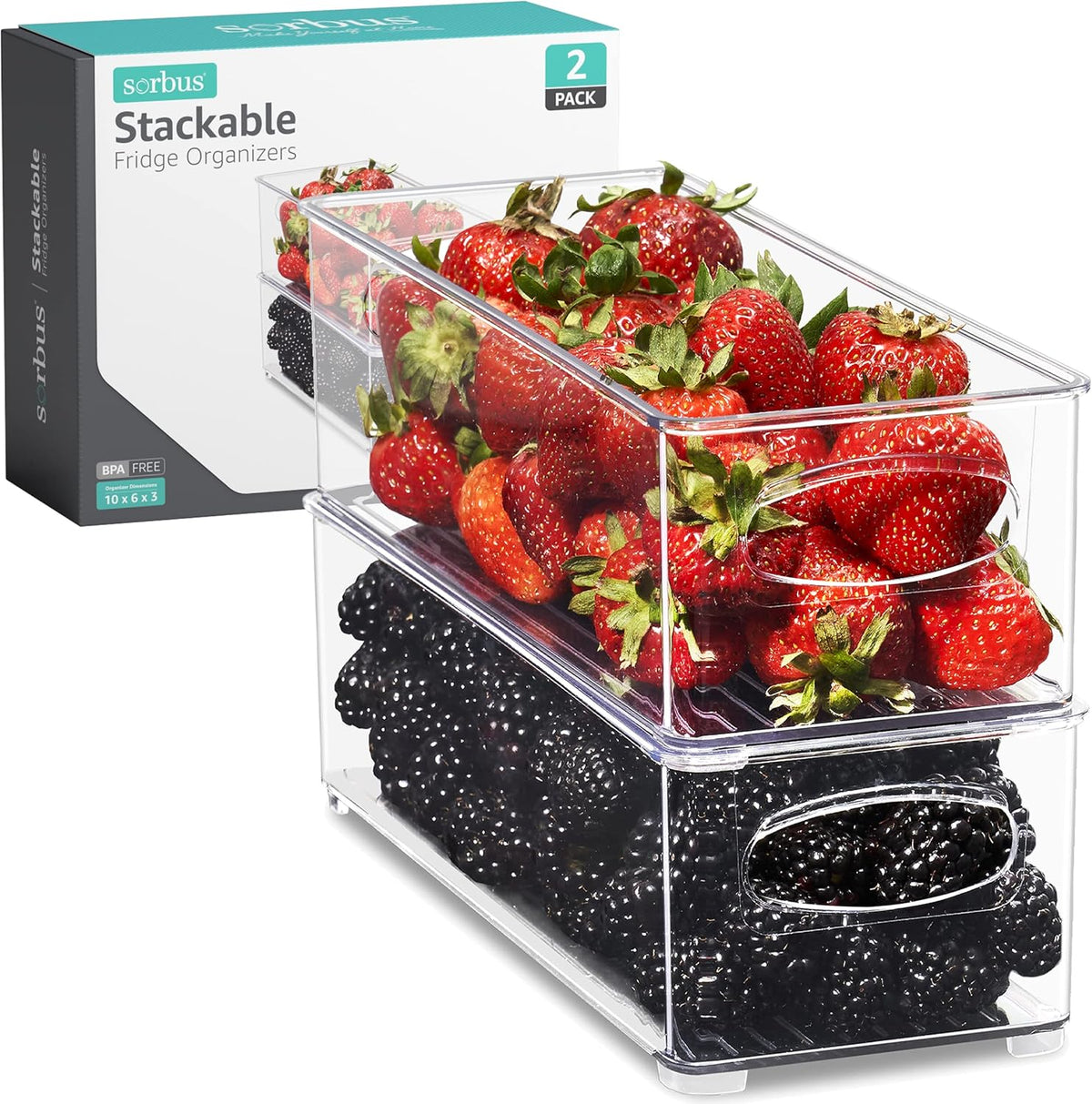 Sorbus Stackable Refrigerator Organizer Bins - Clear Storage Bins for Kitchen Pantry, Freezer & Fridge Organization - Food Organizing Plastic Containers with Handles for Countertops & Drawers (2 Pack)