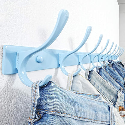 SKOLOO Coat Rack Wall Mounted - 10 Hooks, Heavy Duty, Stainless Steel, Metal Wall Hanger, Sturdy Coat Hooks for Hanging Coats, Jacket, Clothes, Hat, Blue