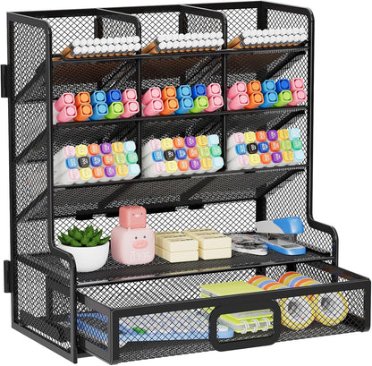 Marbrasse Larger Mesh Desk Organizer with Drawer, Multi-Functional Pen Pencil Holder, Easy Assembly, Desk Organizers and Accessories for Office Art Supplies (Black)