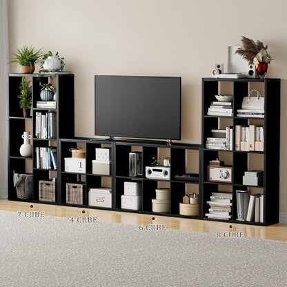 Cube Storage Organizer Bookcase, Decorative 11 inch Open Back Cubical Shelf with Thickened Border, Display Bookshelf for Living Room, Home Office, Sturdy Room (Black, 7 Cube)
