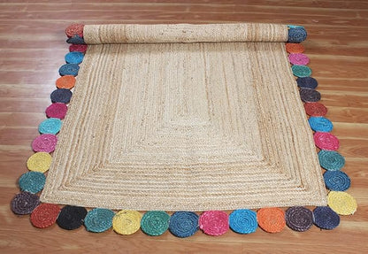 Scalloped Edge Rug, Hand Woven Natural Jute Area Rug, 12x12 Ft Square Beige & Multicolor Braided Kilim Rugs for Living Room, Kitchen, Entryway, Farmhouse
