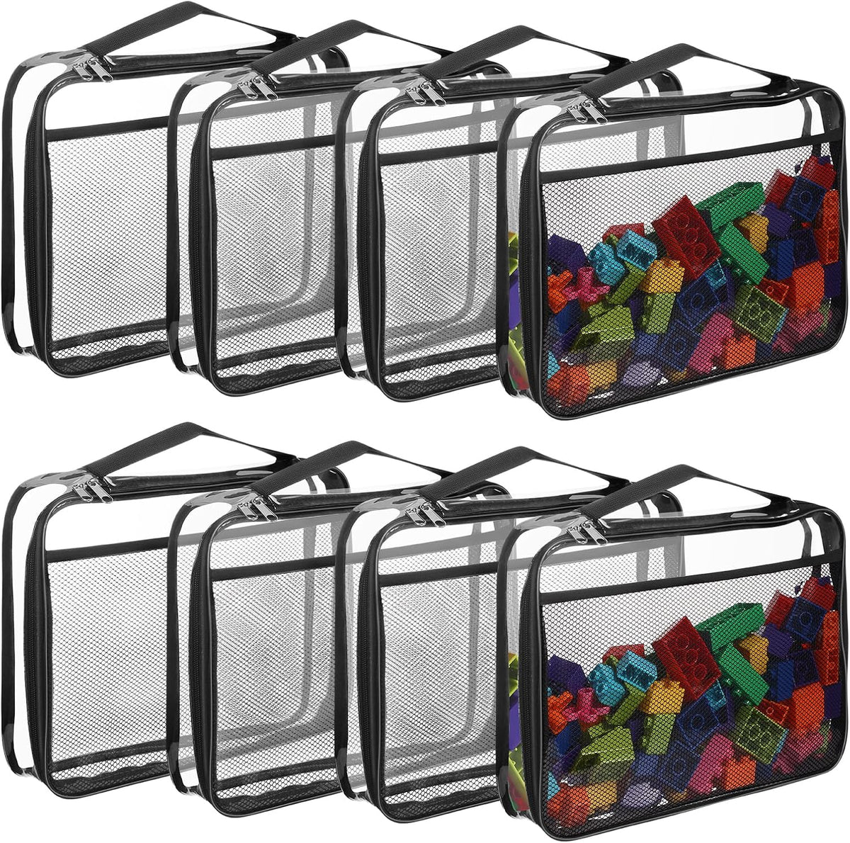 8 Packs Toy Storage Bags with Zipper, Clear PVC Organizing Bags, Reusable Toy Storage Organizer with Portable Handle, Travel Waterproof Organizer Bags for Building Blocks, Puzzle, Toys and Books