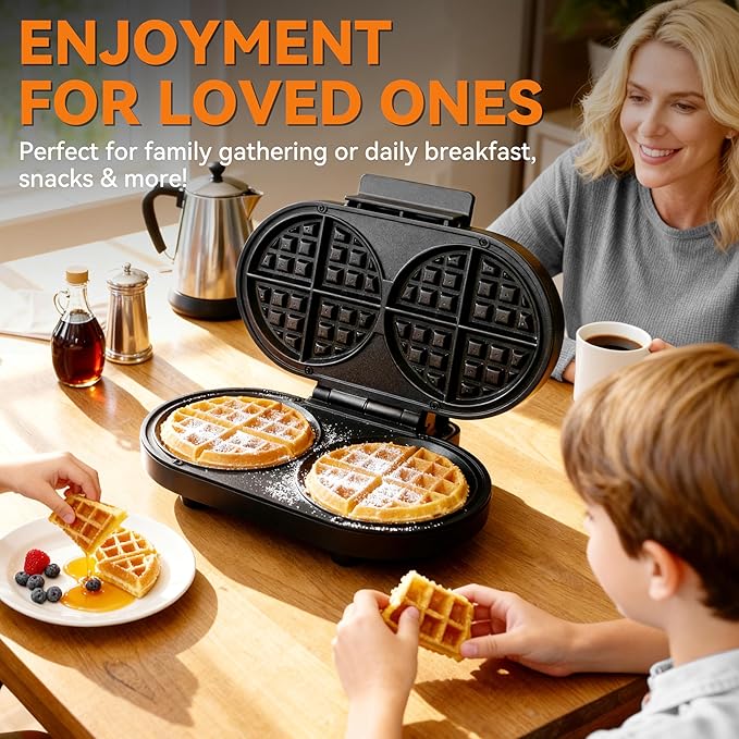 Baker’s Friend Double Belgian Waffle Maker Thick, 2 X 6” Round Waffle Maker