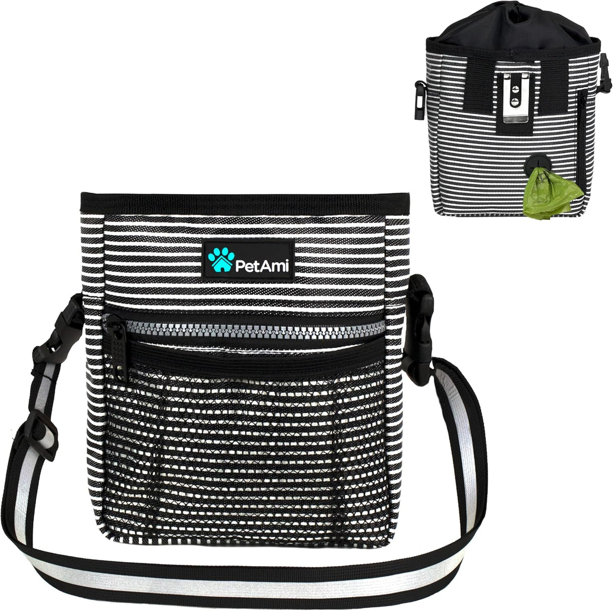 PetAmi Dog Treat Pouch, Pet Treat Pouch for Training, Dog Walking Bag Holder for Kibbles, Pet Food Toy, Dog Trainer Essentials Supplies, Poop Bag Dispenser, 3 Ways to Wear (Black Stripes)