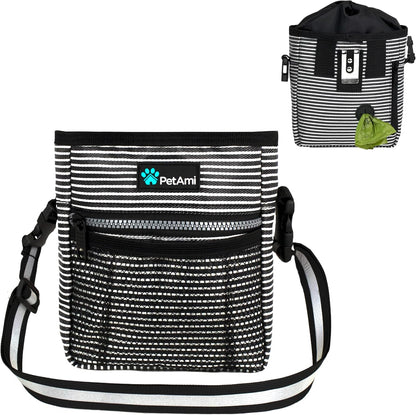 PetAmi Dog Treat Pouch, Pet Treat Pouch for Training, Dog Walking Bag Holder for Kibbles, Pet Food Toy, Dog Trainer Essentials Supplies, Poop Bag Dispenser, 3 Ways to Wear (Black Stripes)
