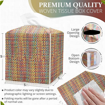 Tissue Box Cover, PU Leather Tissue Box Holder with Bottom Belt, Modern Square Tissue Box Covers with Wide Opening (Dark Mix Color, Woven Patterns)