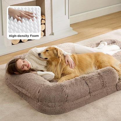 Bedsure Foldable Human Dog Bed - 2 in 1 Flexible Giant Human Dog Bed for Adult People with Supportive Bolster Egg Foam, Waterproof Liner, Calming Fluffy Faux Fur Orthopedic Big Bean Bed, Camel
